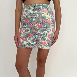 90s vintage colorful pastel floral print high waist denim mini short skirt small